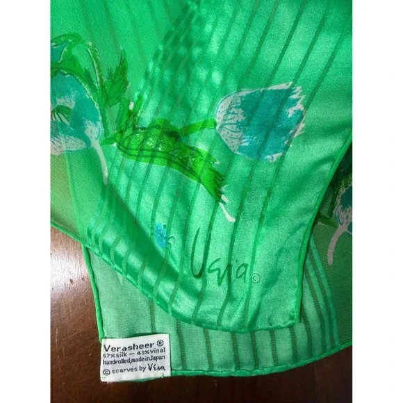 Vera Neumann Scarf Women Green Vintage Floral Silk Blend Verasheer 13x43" - Picture 2 of 5